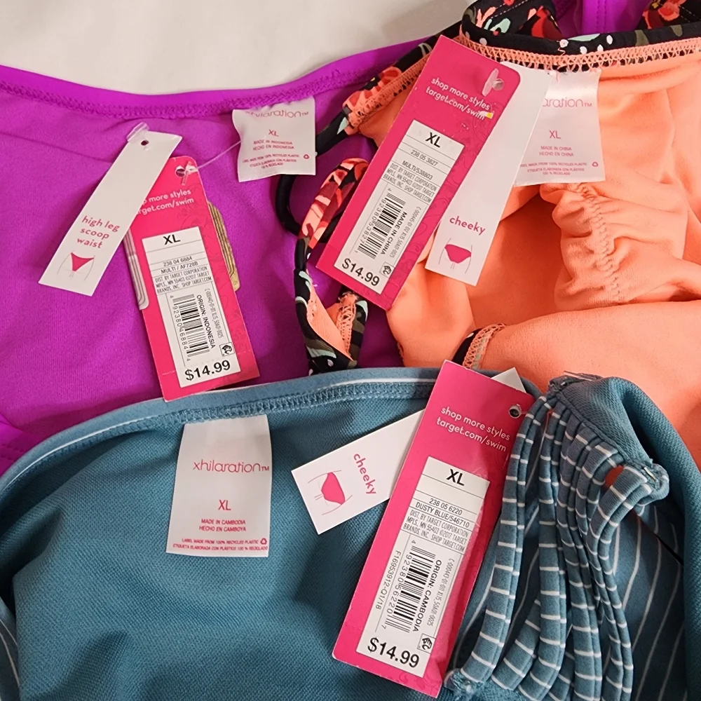 Xhilaration Swim Bikinis LOT of 3  Colorful Cheeky / High Leg Bottom Size XL NWT